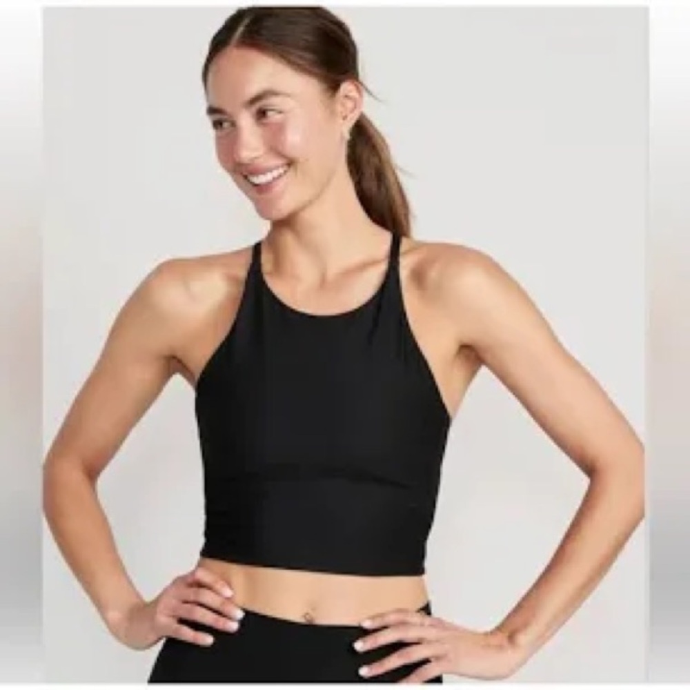 Old Navy Powersoft Racerback Strappy Crop Top in Black Built in Bra High Neck